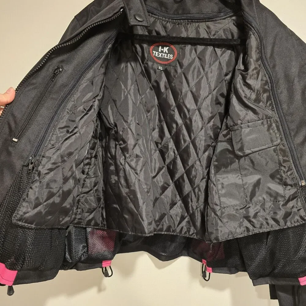 I-K Textiles Motorcycle Jacket XL Womens Black Pink Full Zip Biker Moto Y2K